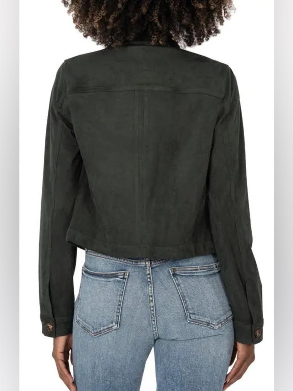 Kit from the Kloth Matilda Crop Faux Suede Trucker Jacket Hunter Green E106 - Picture 3 of 11